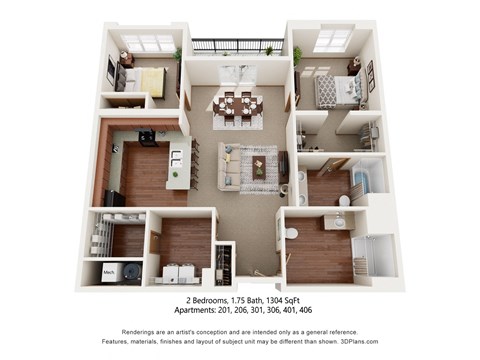 Floor plan for 2 beds, 2 baths, 1304 sqft